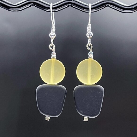 Artisan Jewelry - Sea Glass Earrings Yellow and Black Handmade